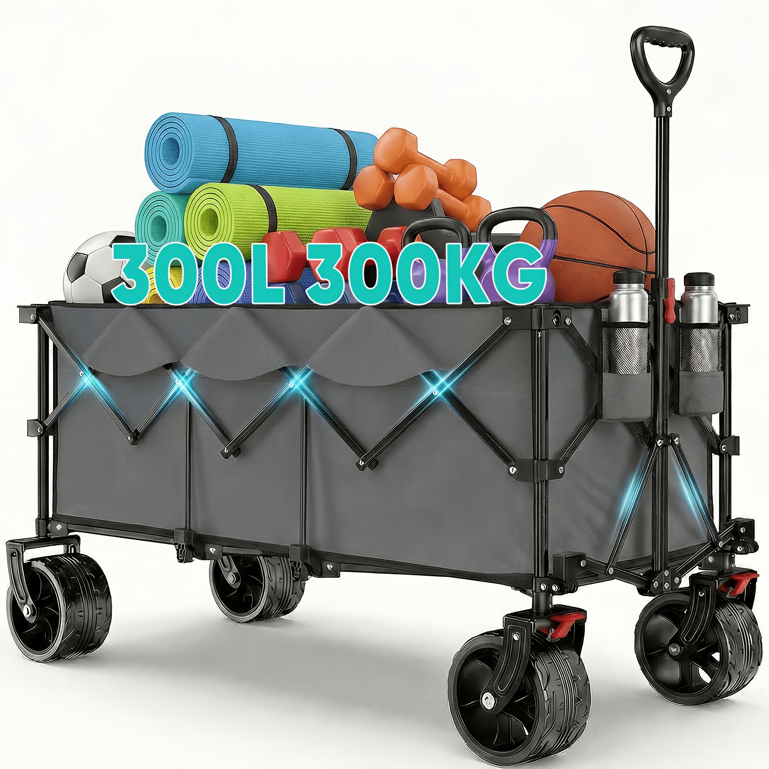 Image of Xxxl Folding Hand Truck, 300l Capacity, 300kg Load Capacity, Extended Folding Cart With Extra-wide 15x8 Cm Wheels, Patented Instant Setup Transport