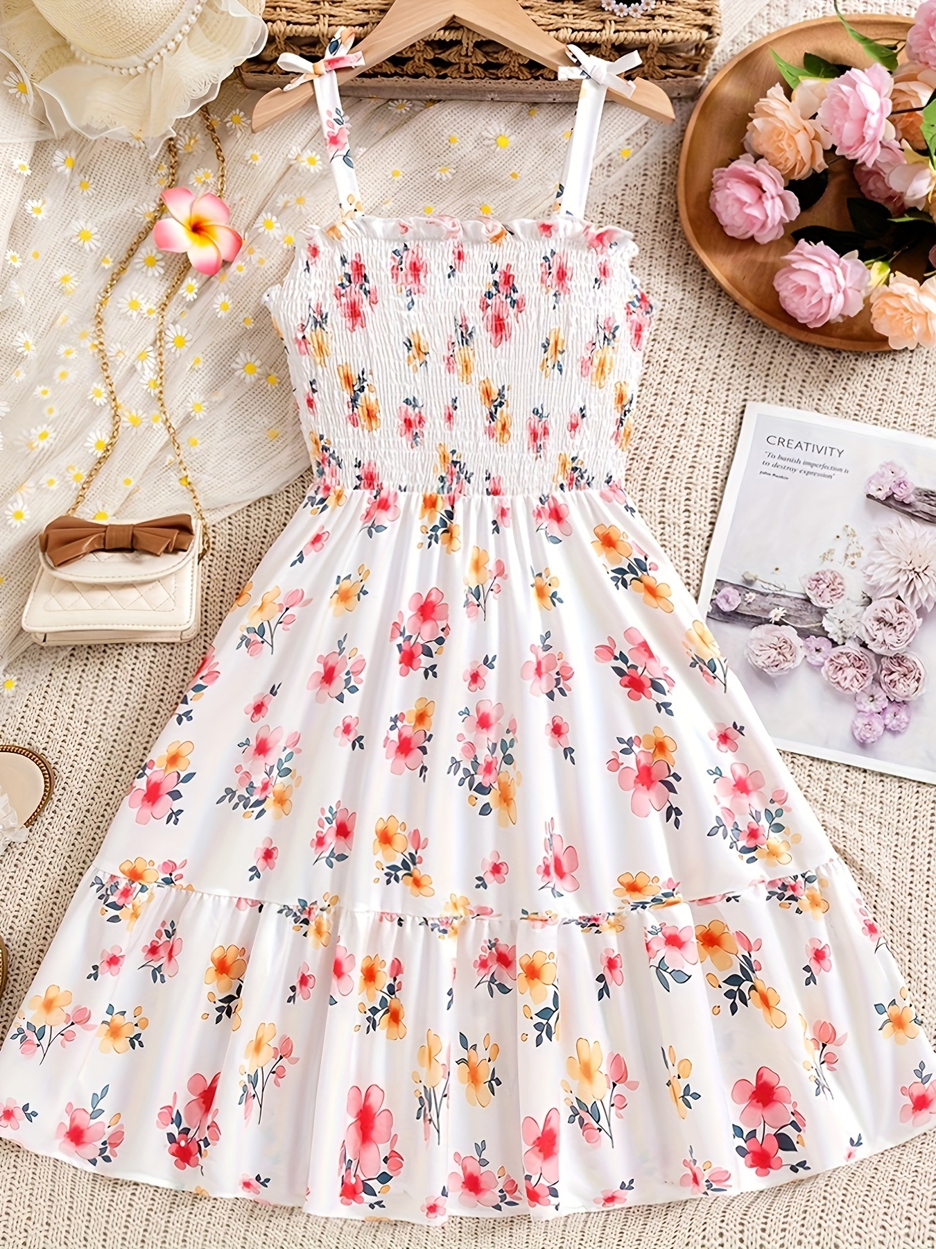 elegant floral smocked cami dress girls holiday casual Temu United Kingdom