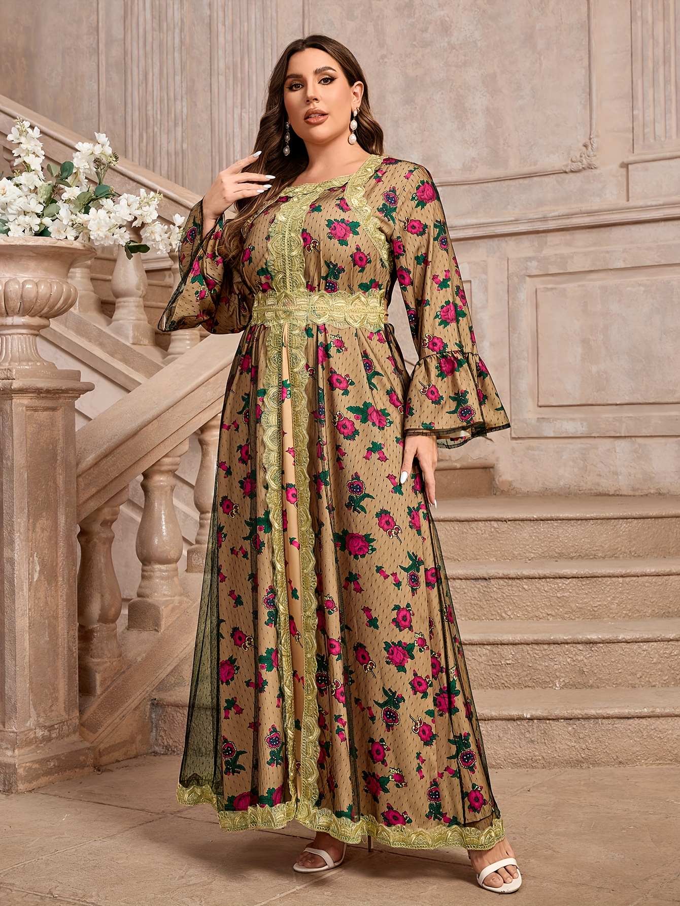 Plus Size, Women's Plus Size Arabic Maxi Dress Long Formal Party Gown  with Floral Print (Red/ Green/ Golden/Beige), Non-Transparent Flowy skirt, 
