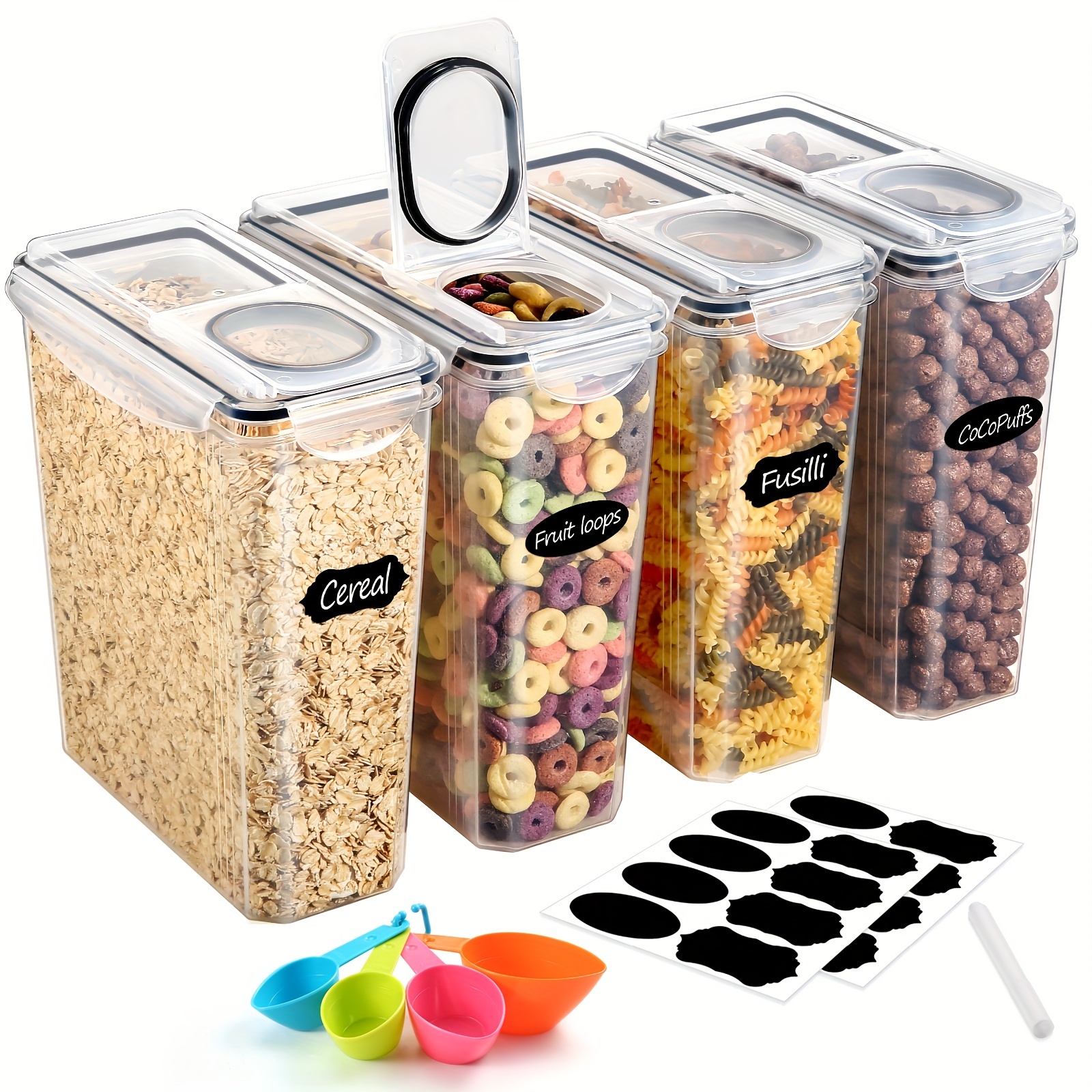 

Cereal Storage Containers Set 4pcs (3.7l/125oz), Airtight Plastic Food Containers With Lids, Bpa Free Food Storage Containers For Kitchen Pantry Organization, With 16 Labels & 1 Marker