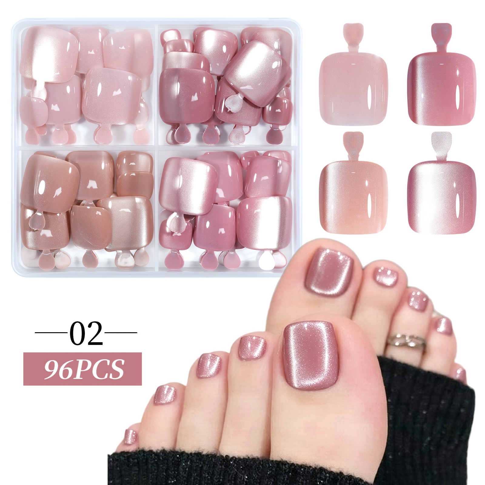 TEMU 96pcs Press On Toenails 12 Sizes Short Square Fake Nails French Tip Solid Color Glossy Fit Reusable False Toenails With Storage Box For Women