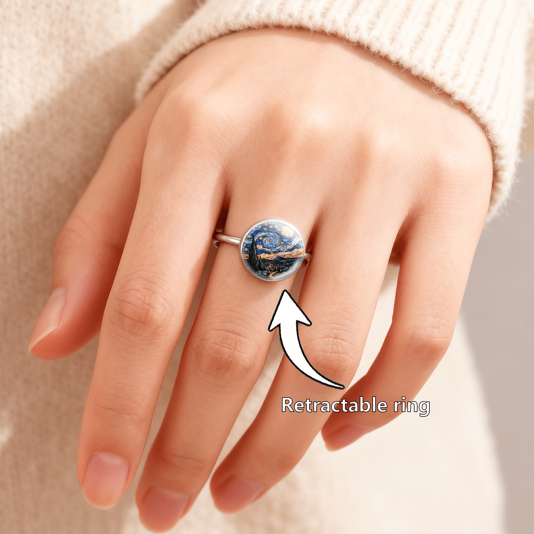 Stained Glass Inlaid Open-ring with Starry Night Design