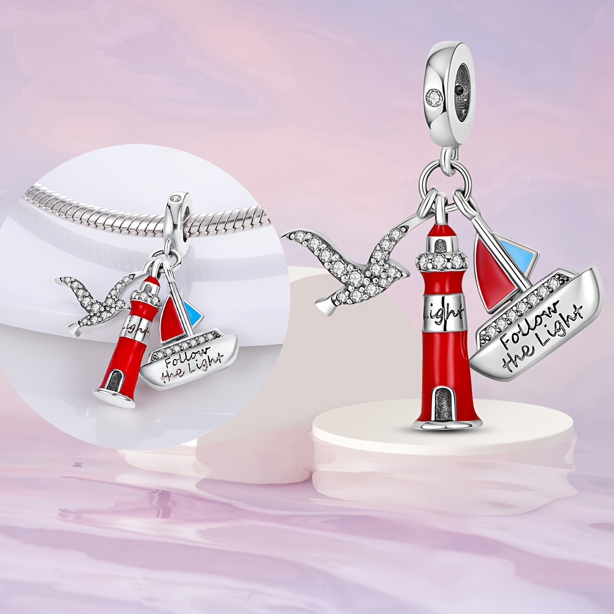 

Chic Nautical Pendant With Lighthouse & Seagull - Metal Alloy Featuring Sparkling Zirconia, Ideal For Diy Jewelry Making - Perfect For Bracelets & Necklaces - Elegant Accessory Gift