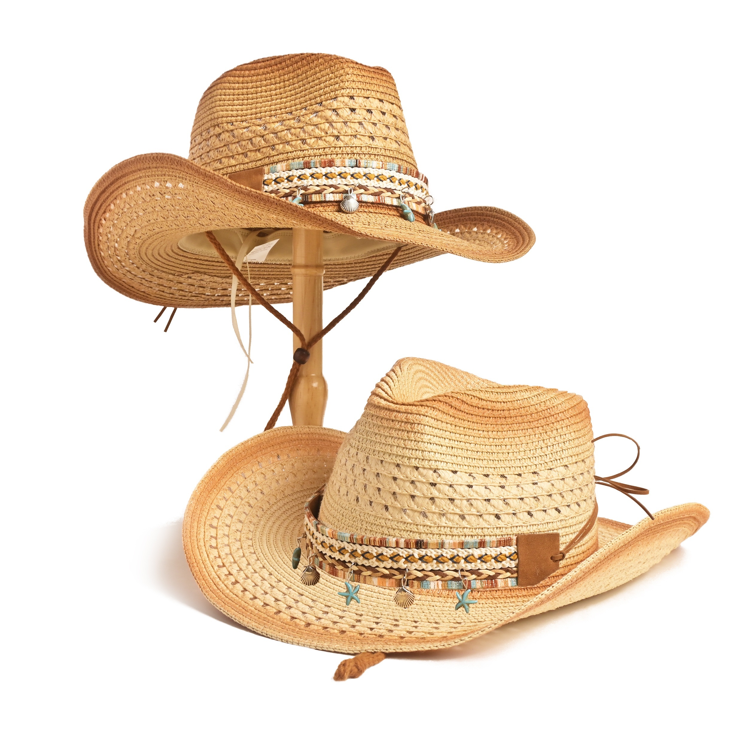 

Boho-chic Summer Straw Hat With Star & Shell Accents - Breathable, Non-stretch, Tie-dye Design For Women