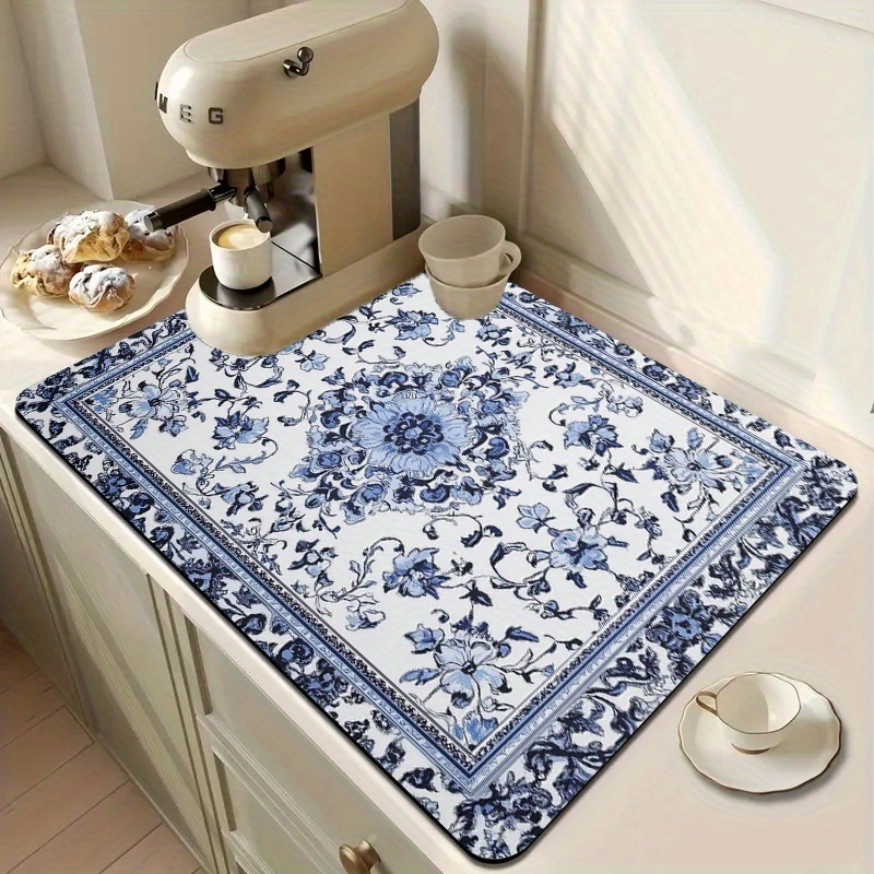 TEMU 1pc, Blue And White Floral Print Absorbent Placemat, Diatomaceous Earth Tableware Drying Mat, Full Print Vine, Small Flower And Leaf Pattern,