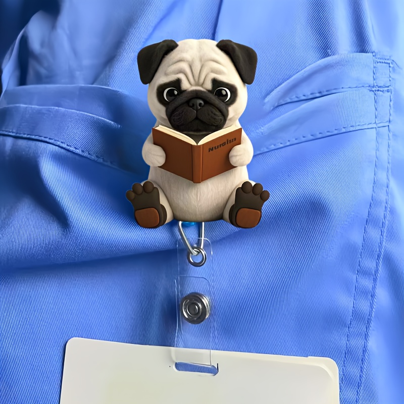 

1pc Cute Studying Pug Dog Pattern Retractable Badge Reel With Clip, Acrylic Nurse Id Holder, For Office, Student, Doctor And Nurse