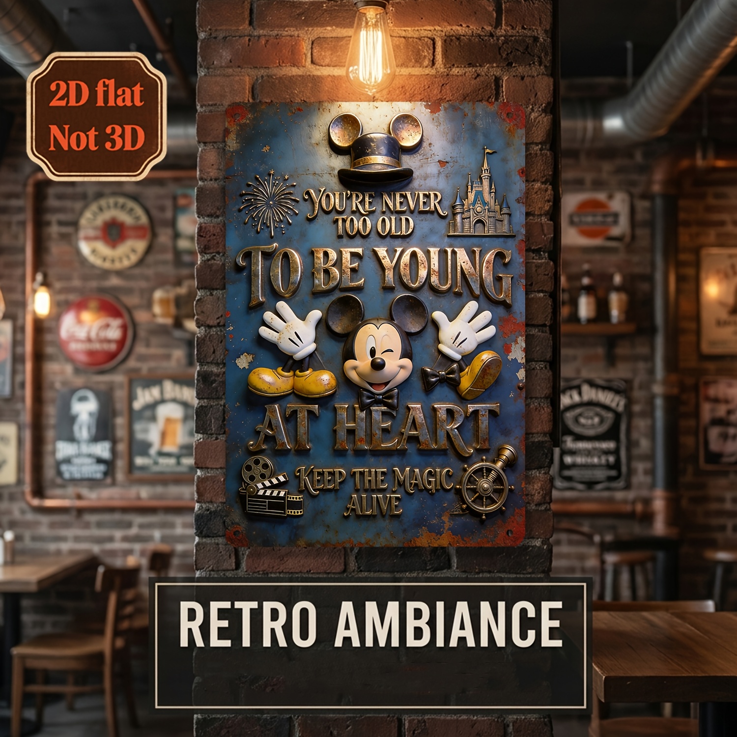 TEMU 2d Flat, 1pc Mickey Mouse Theme Retro Sign, Suitable For Bars, Cafes, Garage Decorations, Home Decor, And Garden Fences. Perfect For Parties, An