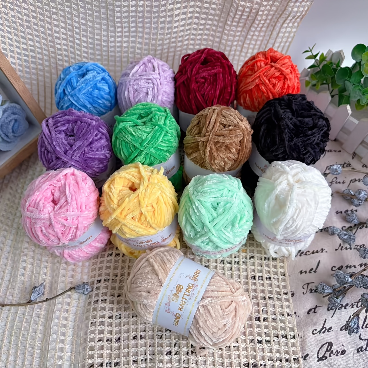 13 Skeins Hand-Knitted Medium-Weight Chenille Yarn Bundle