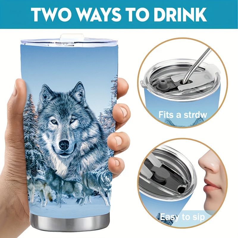 

1pc 20oz Snow Wolf Stainless Steel Tumbler, Insulated Travel Coffee Mug With Lid, Double Wall Vacuum Insulated Water Cup, 18/8 Food Grade, High-quality Thermal