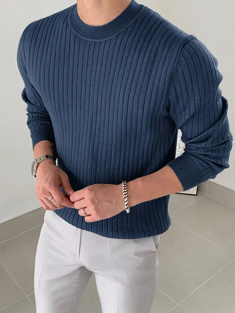 mens fashion casual crew neck long sleeve knit sweater regular fit ribbed pullover tops for spring and fall details 11