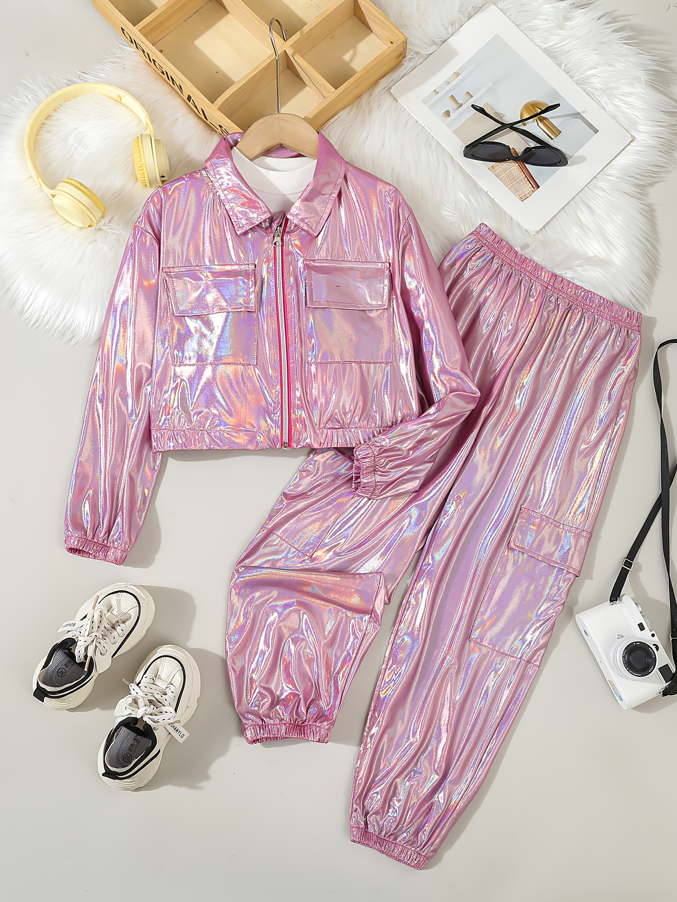teenage girl holographic flip pocket jacket and pants two piece set no sweater   outdoor