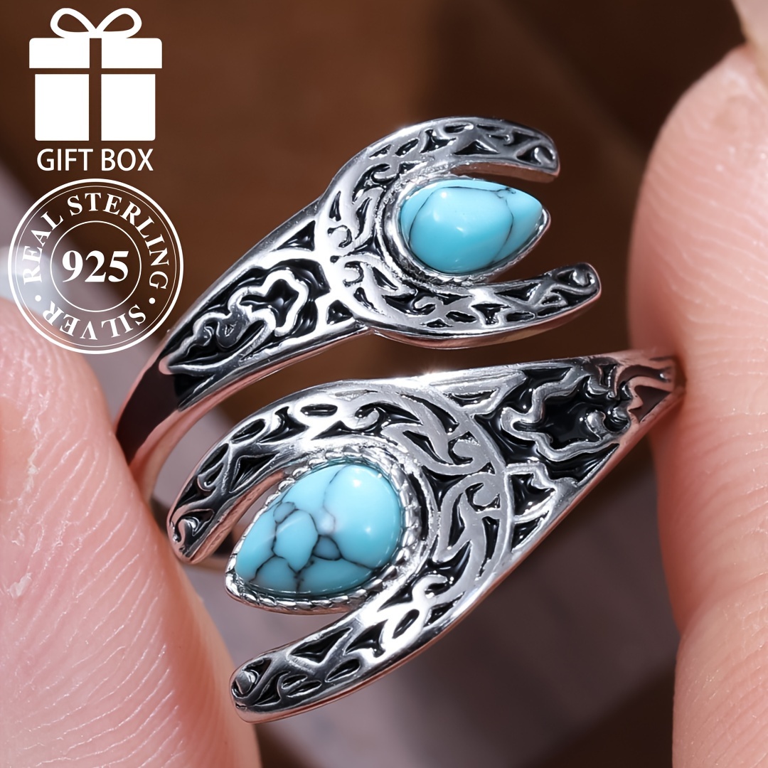 

925 Sterling Silver Spoon Ring Retro Carving + Waterdrop Turquoise High Quality Engagement/ Wedding Ring Gift For That Special Person With Gift Box