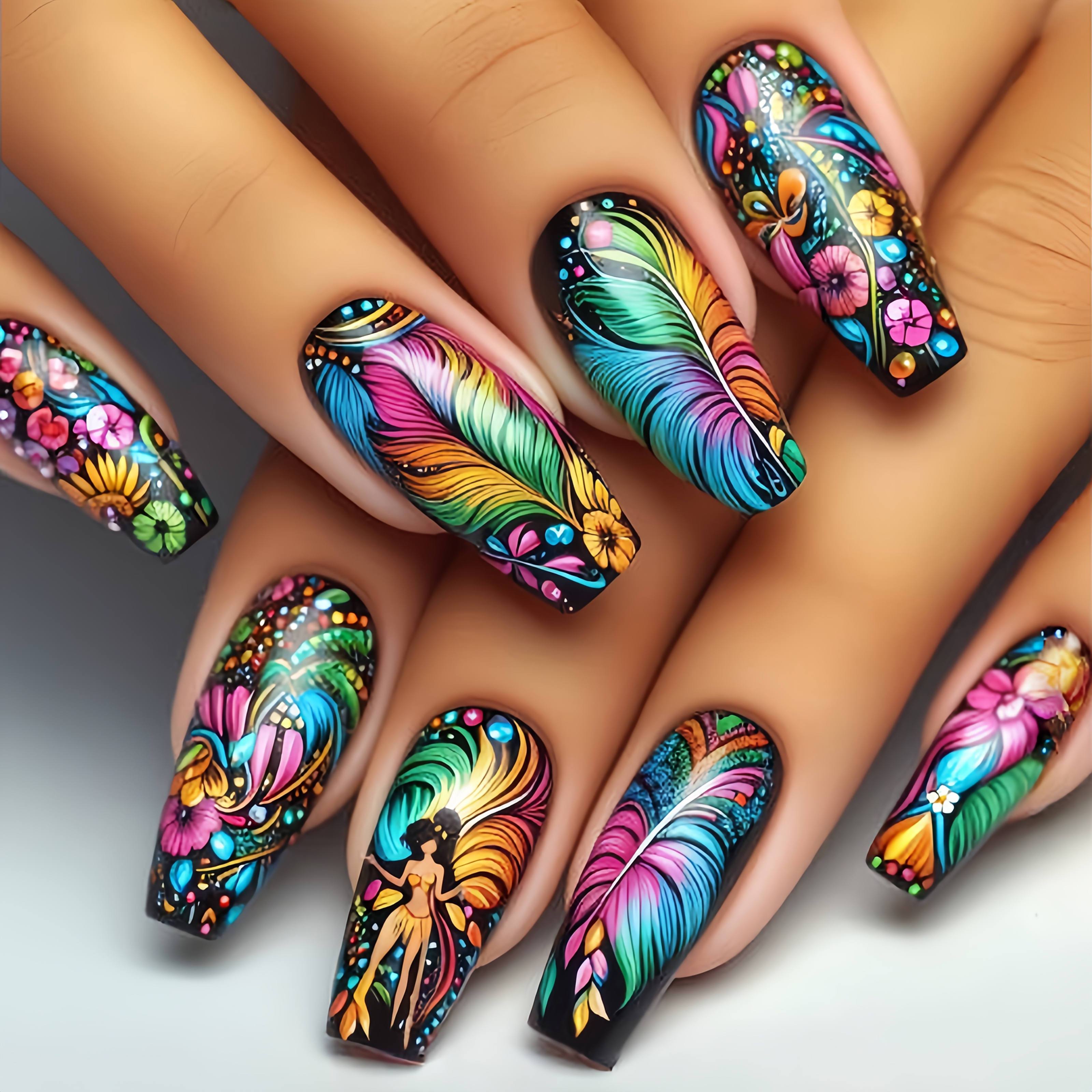 

24pcs Long Ballerina Press-on Nails Set - Feather & Design, , Animal/plant Patterns - Fashionable False Nails For Women And Girls