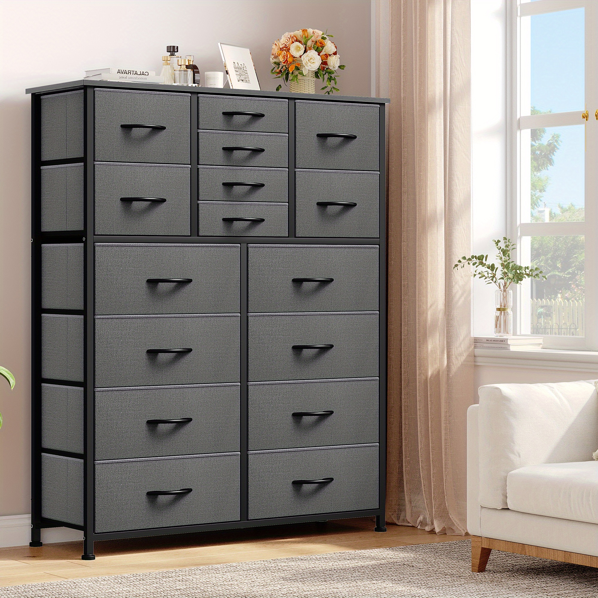 

Naturehavenshop 16 Drawer Dresser, Tall Fabric Dresser, Large Chest Of Drawers, With Sturdy Metal Frame And Wooden Top