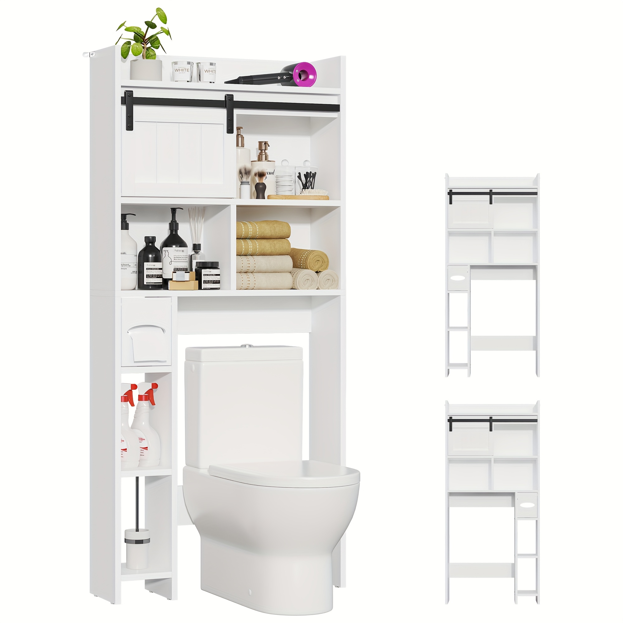 TEMU Over The Toilet Storage Cabinet With Sliding Doors & Toilet Paper Holder Stand - Freestanding Space-saving Shelf Suitable For Small Bathrooms,