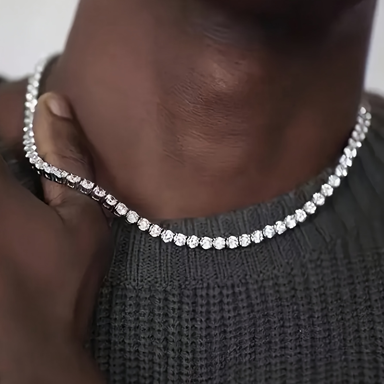 

1 Stylish Men' Cubic Zirconia Tennis Chain Necklace - Hip Hop Inspired, Stainless Steel, Non-plated With Sparkling Synthetic Diamonds, Tennis Necklace