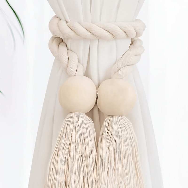 4pcs Ya Mei Magnetic Curtain Ties. Easy Wooden Tassel Curtain Hooks. Suitable for Curtain Fixation in Bedrooms, Living Rooms And Kitchens. Home Decor