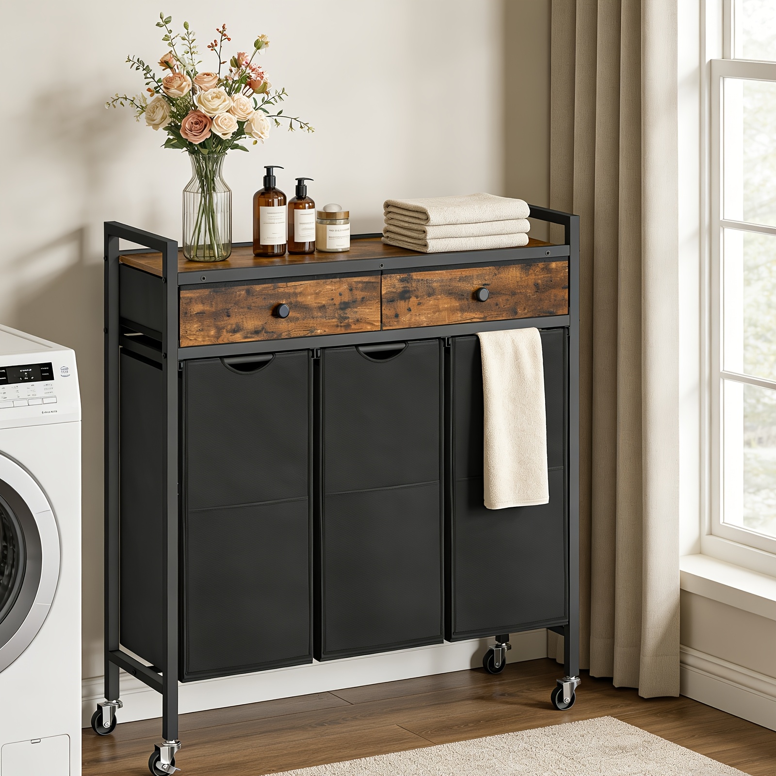 Brown And Black Laundry Basket With Wheels, 3 .4l, Featuring 3 Compartments For Sorting Laundry, A Laundry , And 2 Non- Fabric Drawers With A Pull-out Laundry Bag
