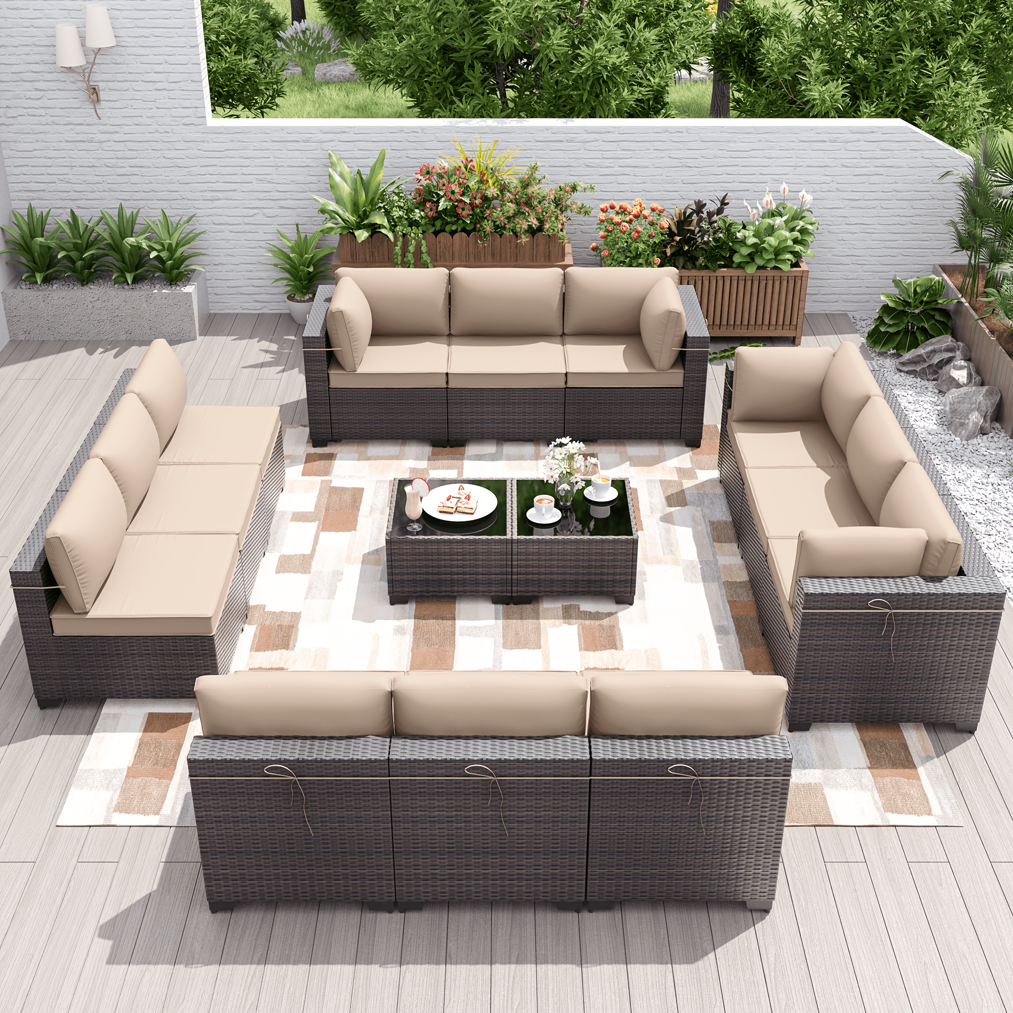 

Patio Furniture Set 14-piece Outdoor Furniture For Backyard Wicker Sectional Sofa Set, Pe Rattan Patio Conversation Set 12 Seat With Thickened Cushions And , Sand