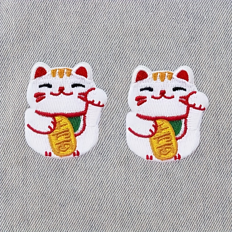 Image of 2pcs Cat & Patch Set - Self-adhesive, Embroidered Appliques For Jackets And Backpacks, White With Red Accents, Backpack Embellishments| Design|adhesive Applique, Cute Patches