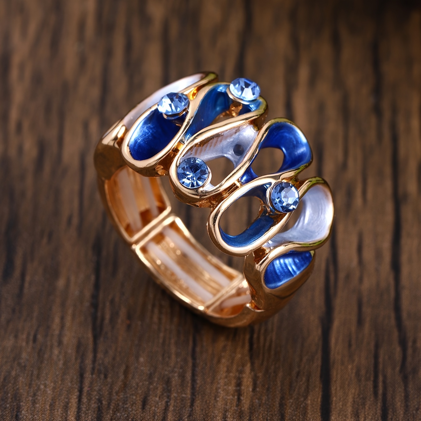 Image of 1pc Fashion Simple Alloy Blue Drip Oil Geometric Rhinestones Elastic Adjustable Rings For Woman Accessories Daily Party Prom Jewelry Gift