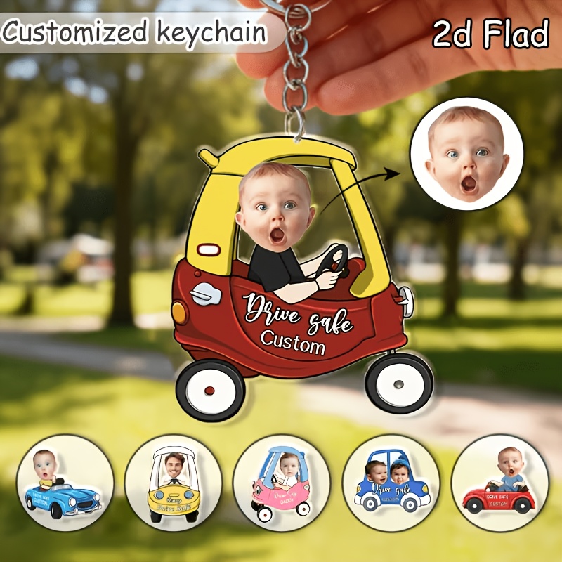2d flat custom face cartoon car keychain drive safe hanging ornament parent child family gift