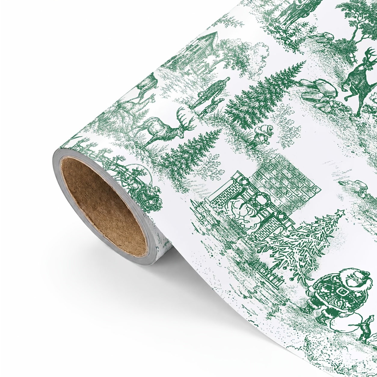 TEMU Vintage Christmas Wrapping Paper | Elegant Green And White With Santa Claus, Reindeer, Christmas Village, Pine Trees, And Winter Landscape