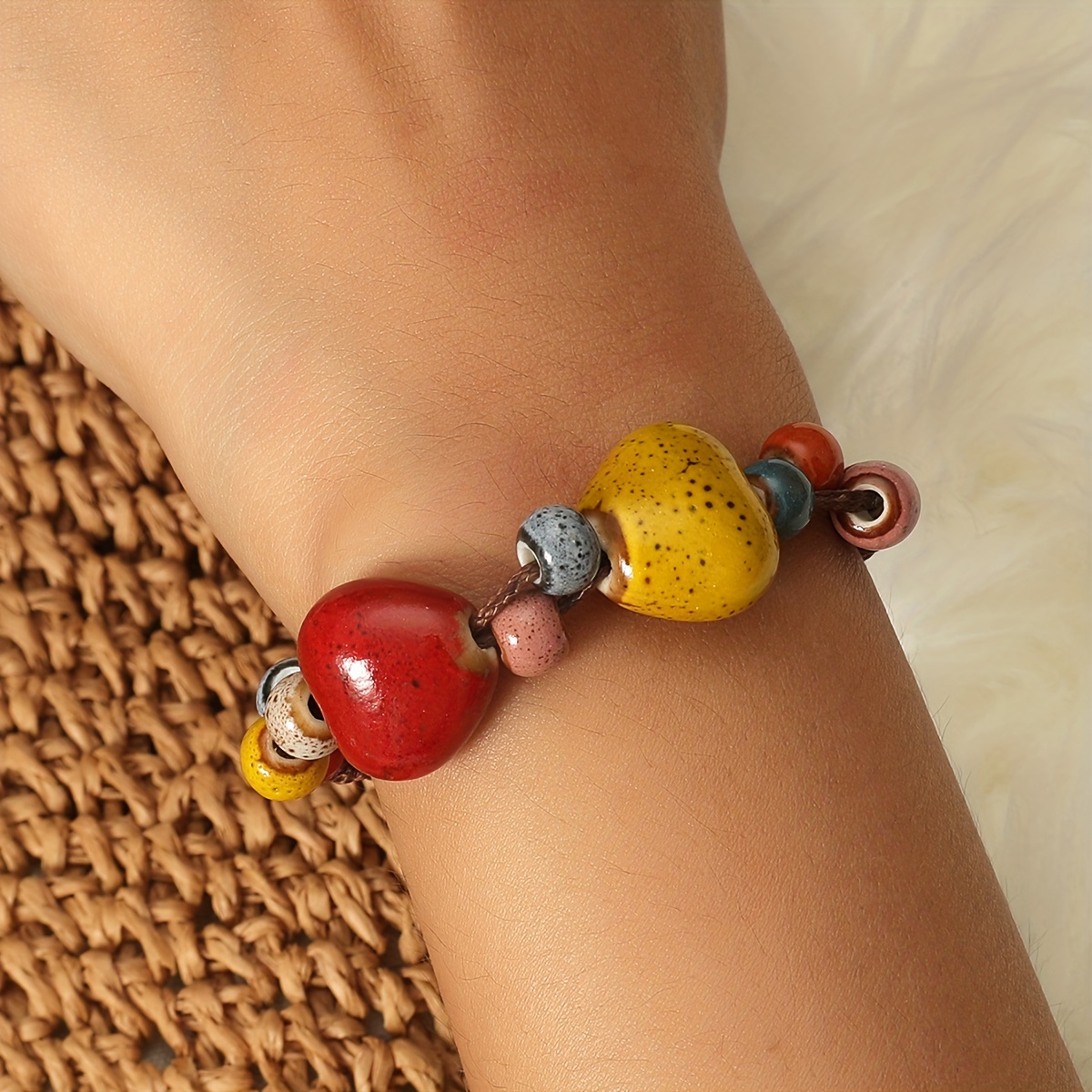 

Bohemian Style Adjustable Bracelet, Colorful Ceramic Bead String, Women's Fashion Jewelry, Rustic Holiday Charm, Retro Accessory