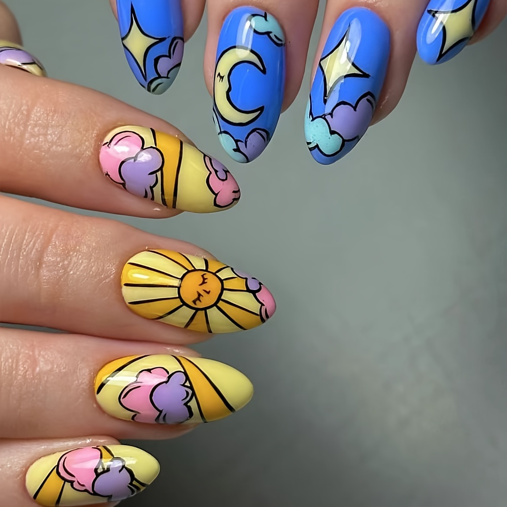 

24pcs Long Drop Shaped Press-on Nails - Mixed Color System With And Moon Pattern, Fashionable False Nail Set For Daily Wear