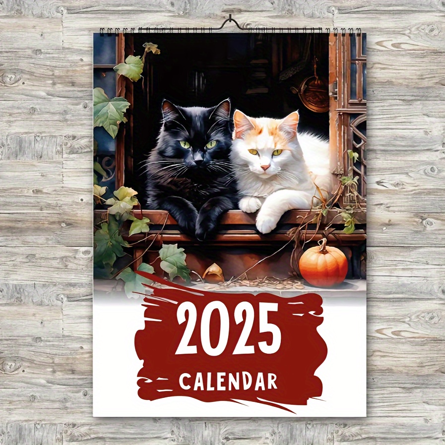 

2025 Cat Calendar, 12-month Wall Hanging, Feline Design, English Text, Paper Material, Office Supplies, Personal Planner Accessory