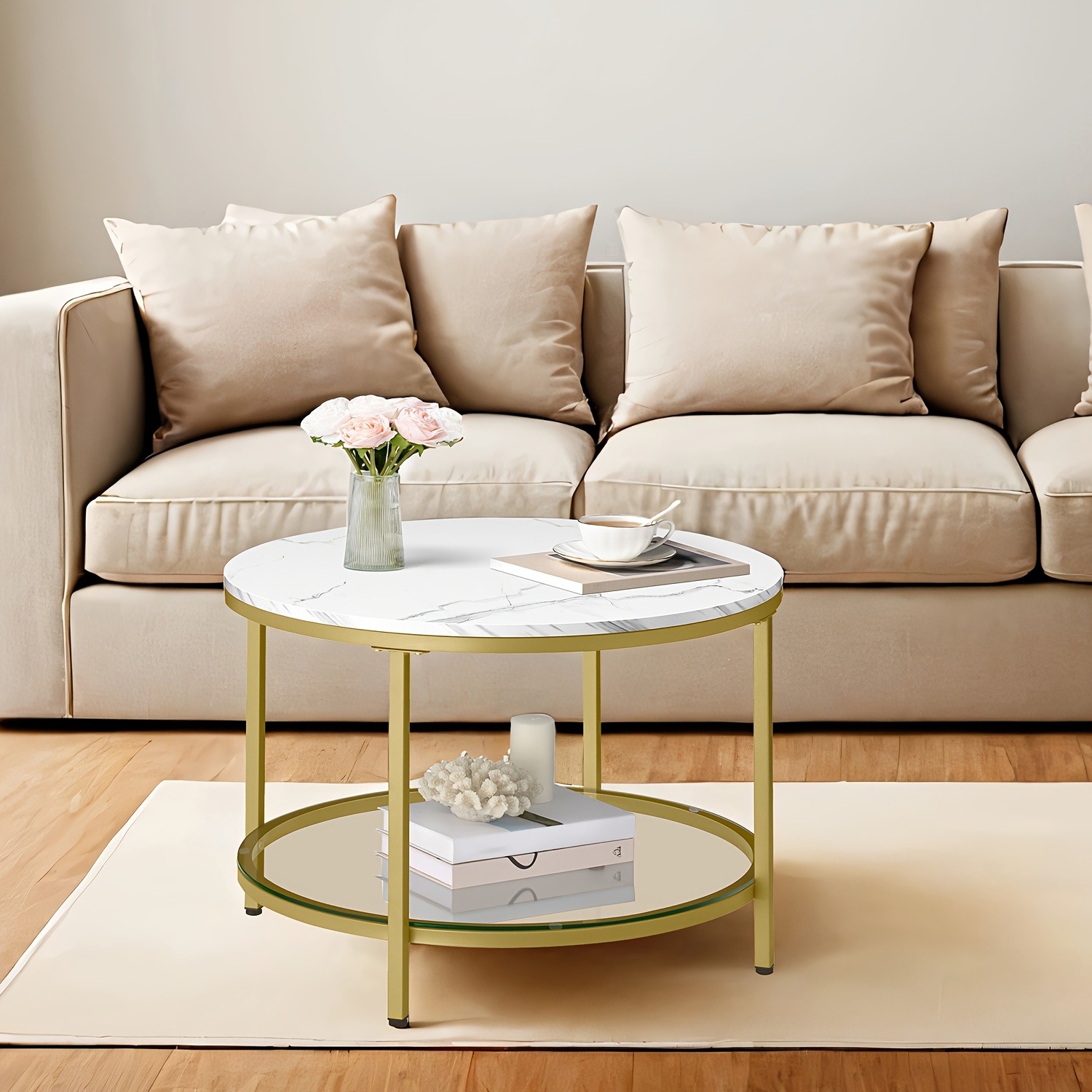 TEMU Table basse, Table de salon, Table à apéritif pour canapé, Style marbre, Support en verre trempé, Facile à assembler, pour salon, Style moderne