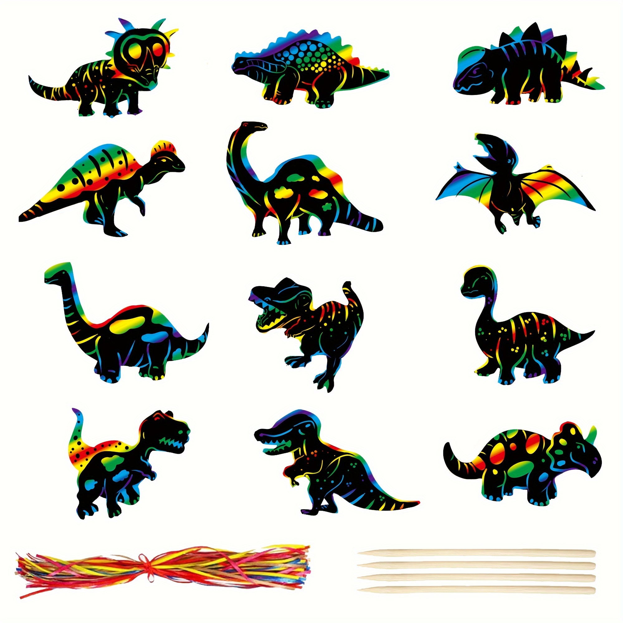 

48 Pcs Dinosaur Scratch Art Set - Rainbow Scratch Paper Kit With Wooden Styluses & Ribbons For Dinosaur Party Games And Room Decor - Creative Craft Activity For Kids