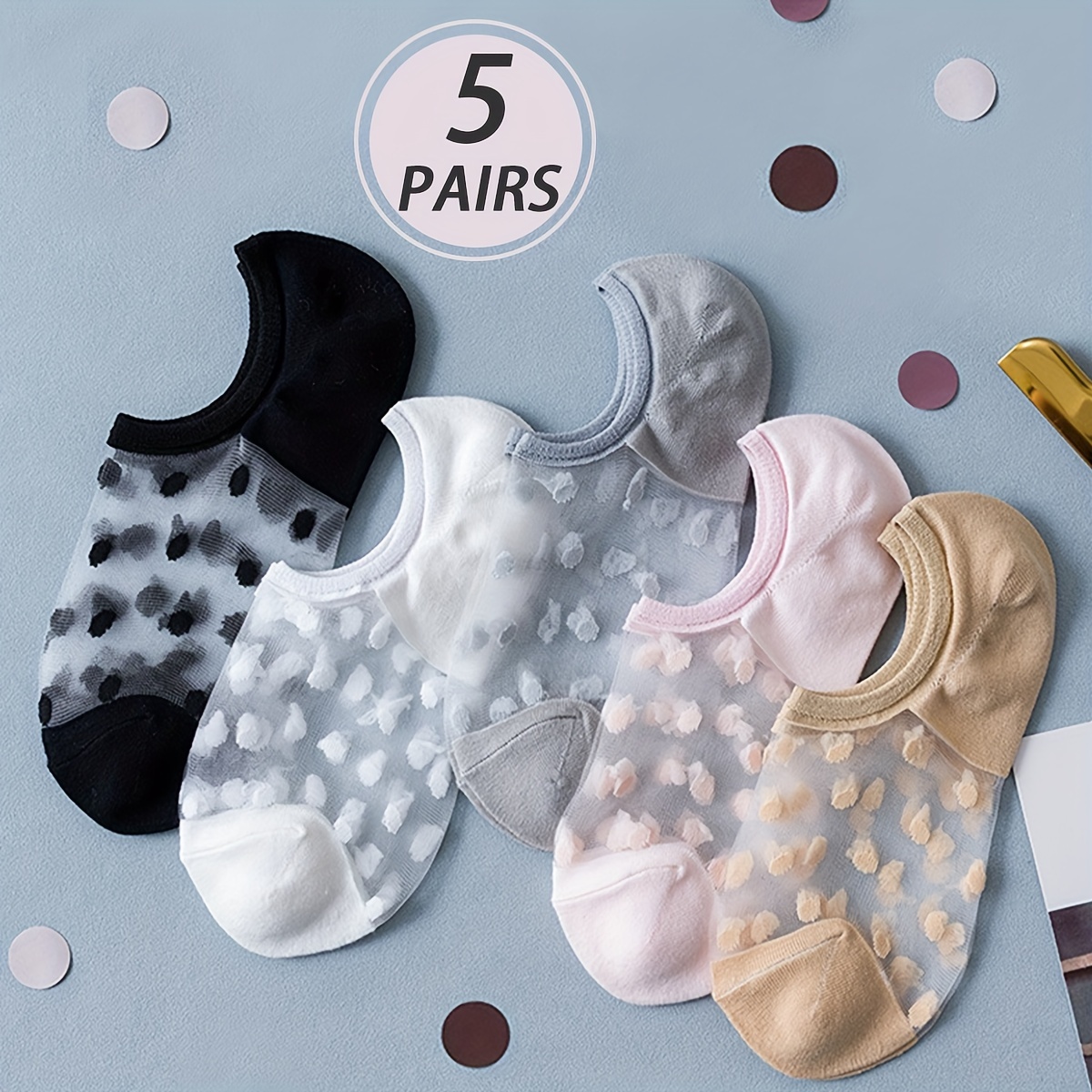 

5 Pairs Polka Dot Mesh Socks, Soft & Breathable Low Cut Invisible Socks, Women's Stockings & Hosiery