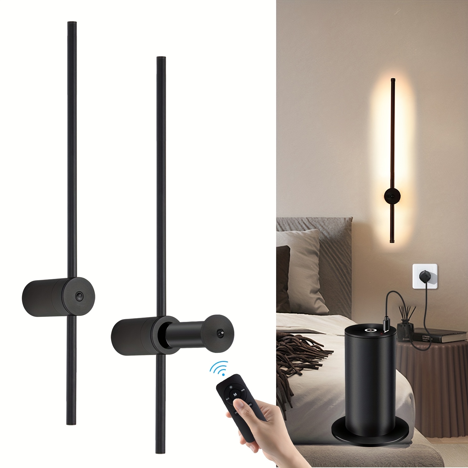 TEMU Battery Operated Wall Sconces Usb Rechargeable Wall Sconce With Remote Control Dimmable Wireless Led Wall Lamp Black 360° Rotation Modern Wall Lights For Living Room Bedroom 2 Pack