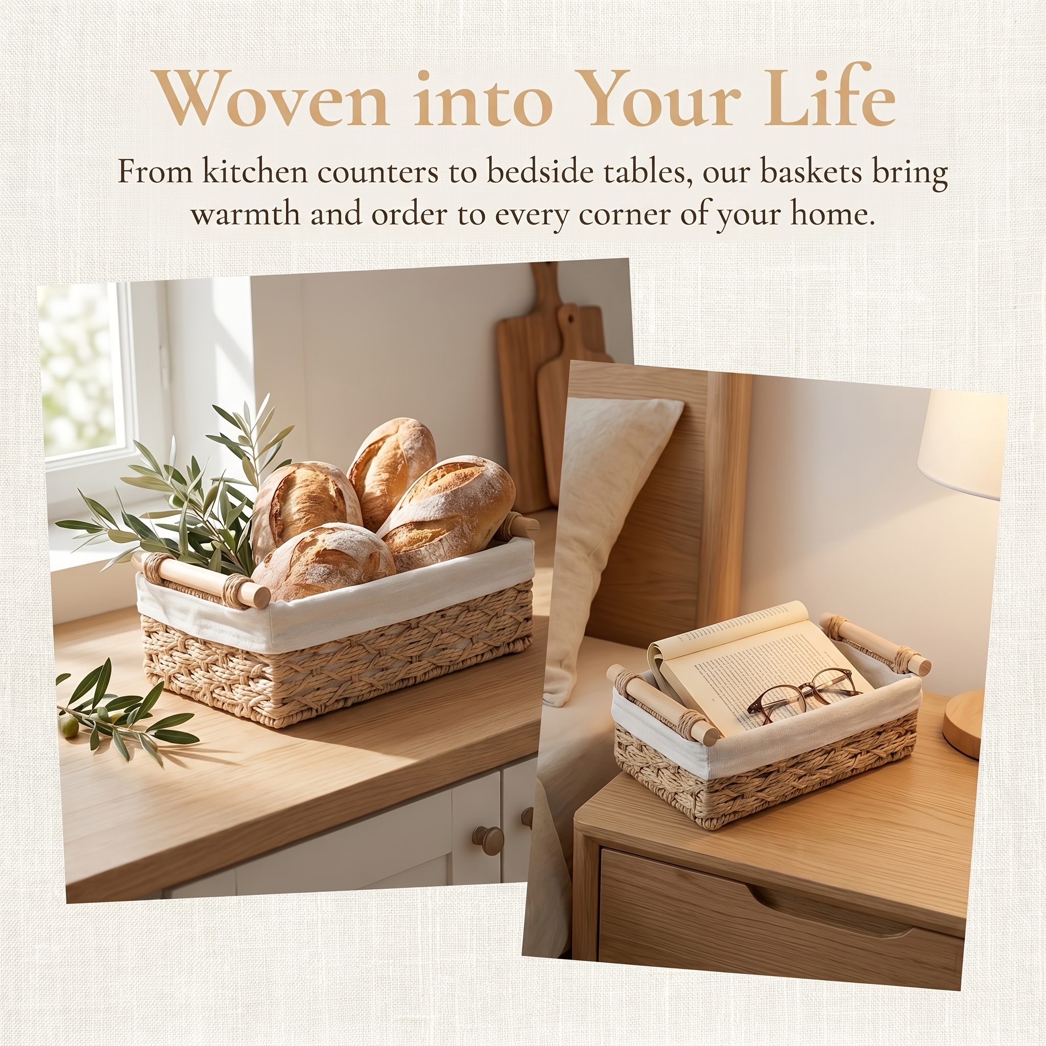 2pcs Handmade Paper Rope Woven Storage Basket with Wooden Handle - Portable Snack Organizer for Bathroom, Kitchen Shelf and Countertop, Decorative Basket for Home Storage and Organization, Shelf Baskets