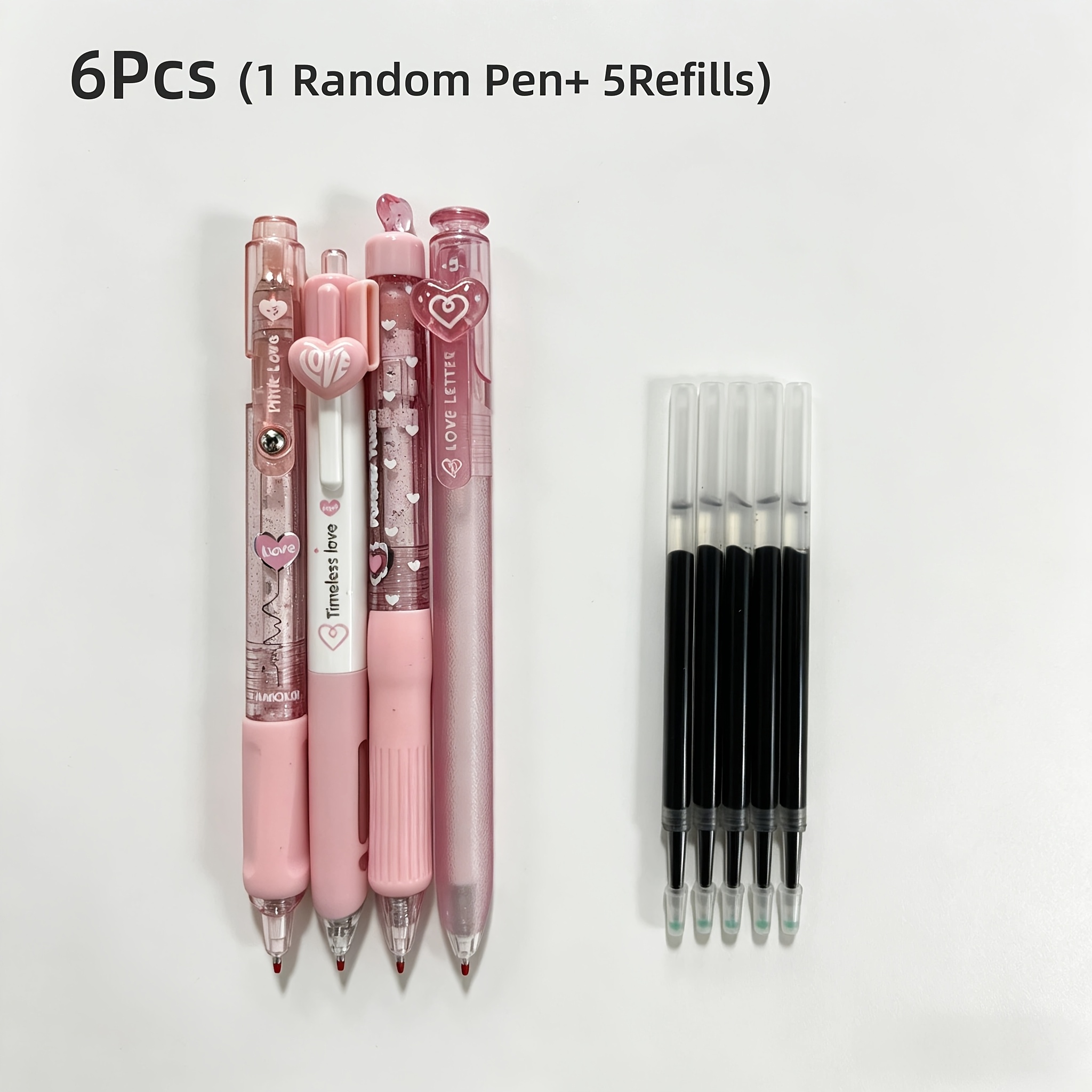 TEMU 6pcs Retractable Gel Pens Set (include 1 Cute Random And 5 Refills), 0.5mm Fine Point Black Ink, Cute Kawaii Pens For Students, Teachers, Office