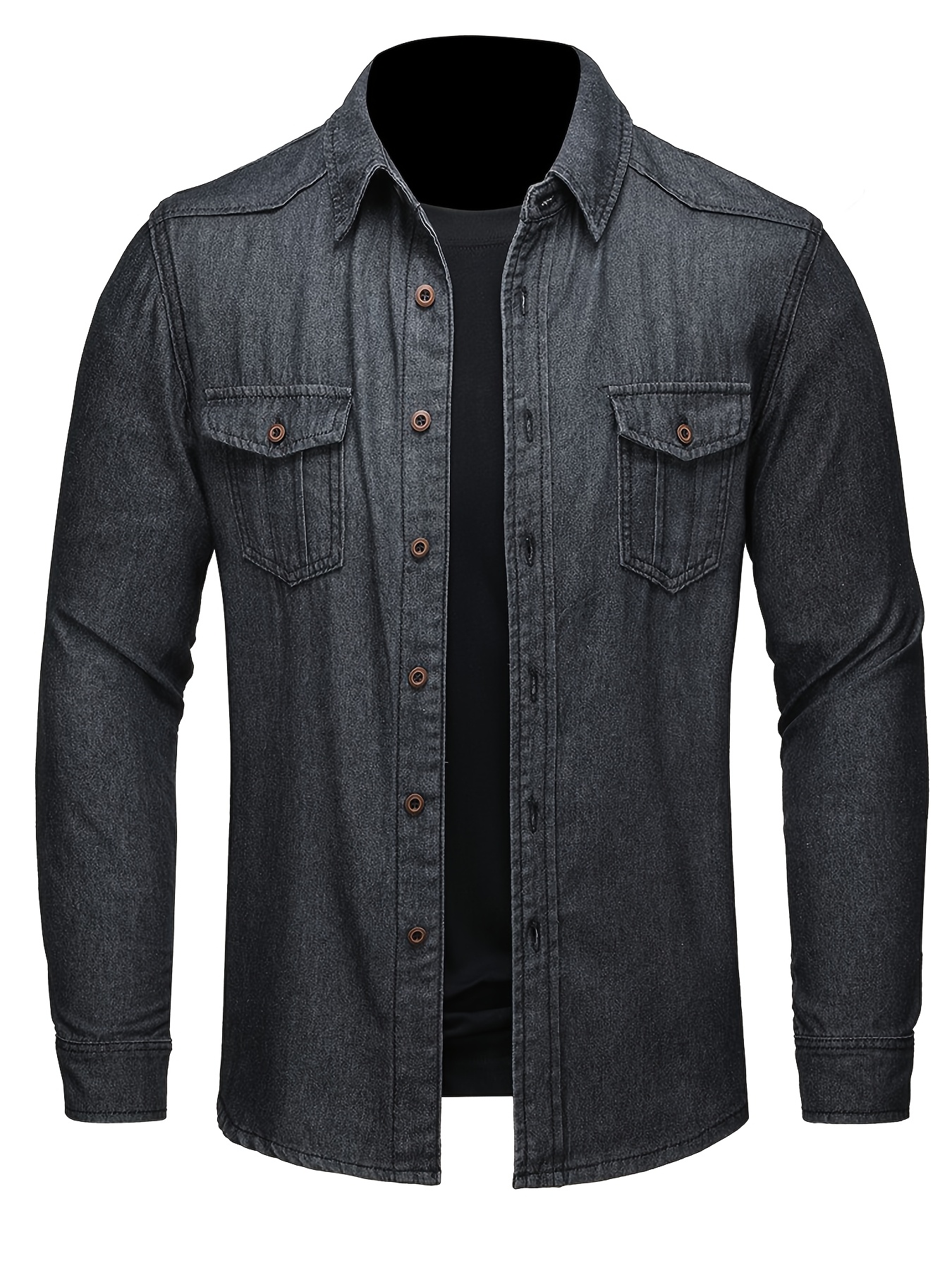 CS008 Men'S Slim Fit Turn- Collar Denim Shirt Classic Double Pocket Long Sleeve Top Business Casual Dark Wash Jacket Spring And Autumn Versatile Fashion Shirt Jacket