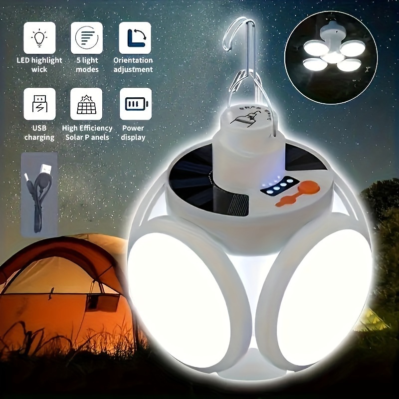 

1pc Led Solar Bulb Lamp With 5 Lighting - Portable, Foldable & Usb Rechargeable, Ideal For Camping & , Solar Camping Lights