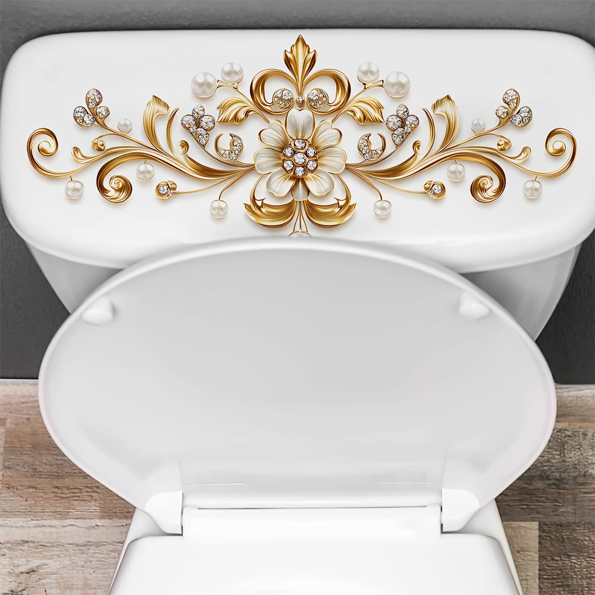 TEMU 1pc Retro Luxurious Golden Pattern Wall Sticker, Pearl Floral , Bathroom Toilet Tank Top Surface Personalized Decoration Self-adhesive