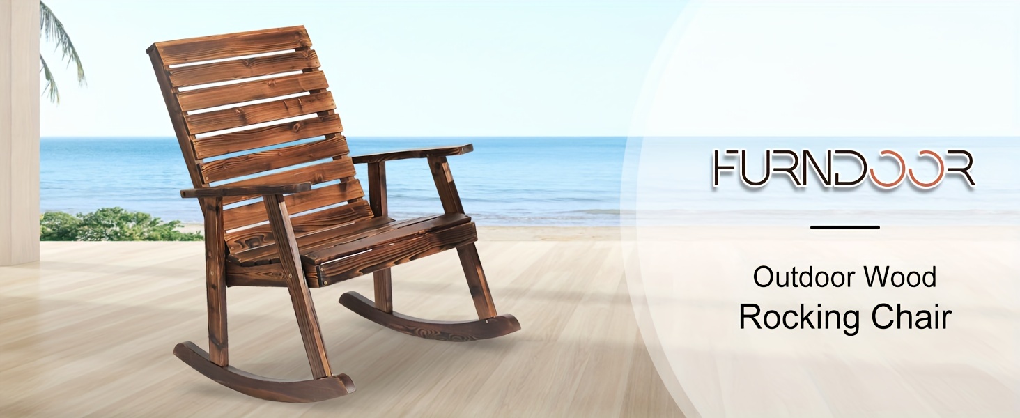 Wooden Rocking Chair for Outdoor Use, Featuring a Rustic High Back Design, Suitable for Indoor Spaces, Backyards, And Patios, in a Natural End