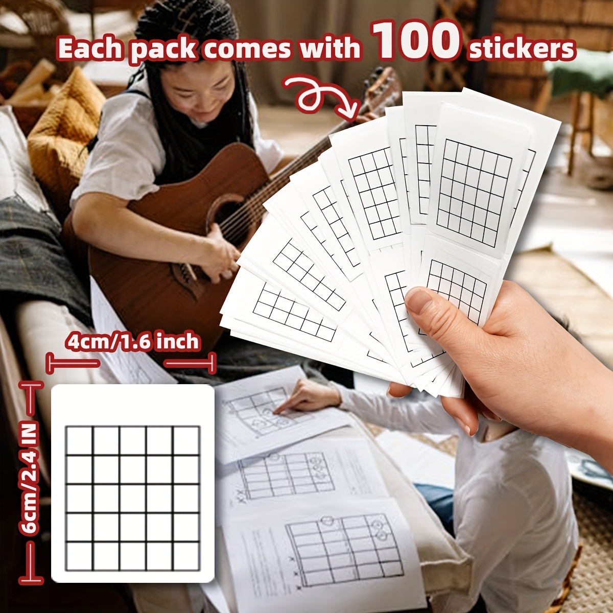 Image of 100pcs Easy-apply Guitar & Ukulele Chord Diagram Stickers - Black & White, Vinyl For Beginners To Musicians - Pvc, 2.4x1.6" Music , Guitar Accessories