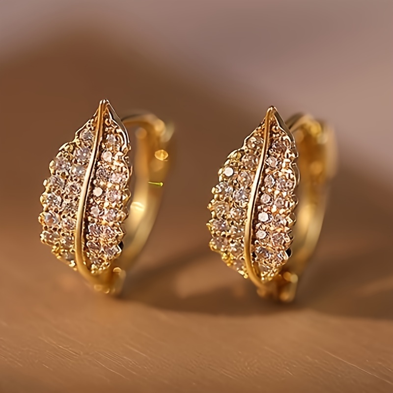 

Pretty Golden Shiny Leaf Design Hoop Earrings Copper Jewelry Zircon Inlaid Elegant Leisure Style For Women Daily Ear Decor