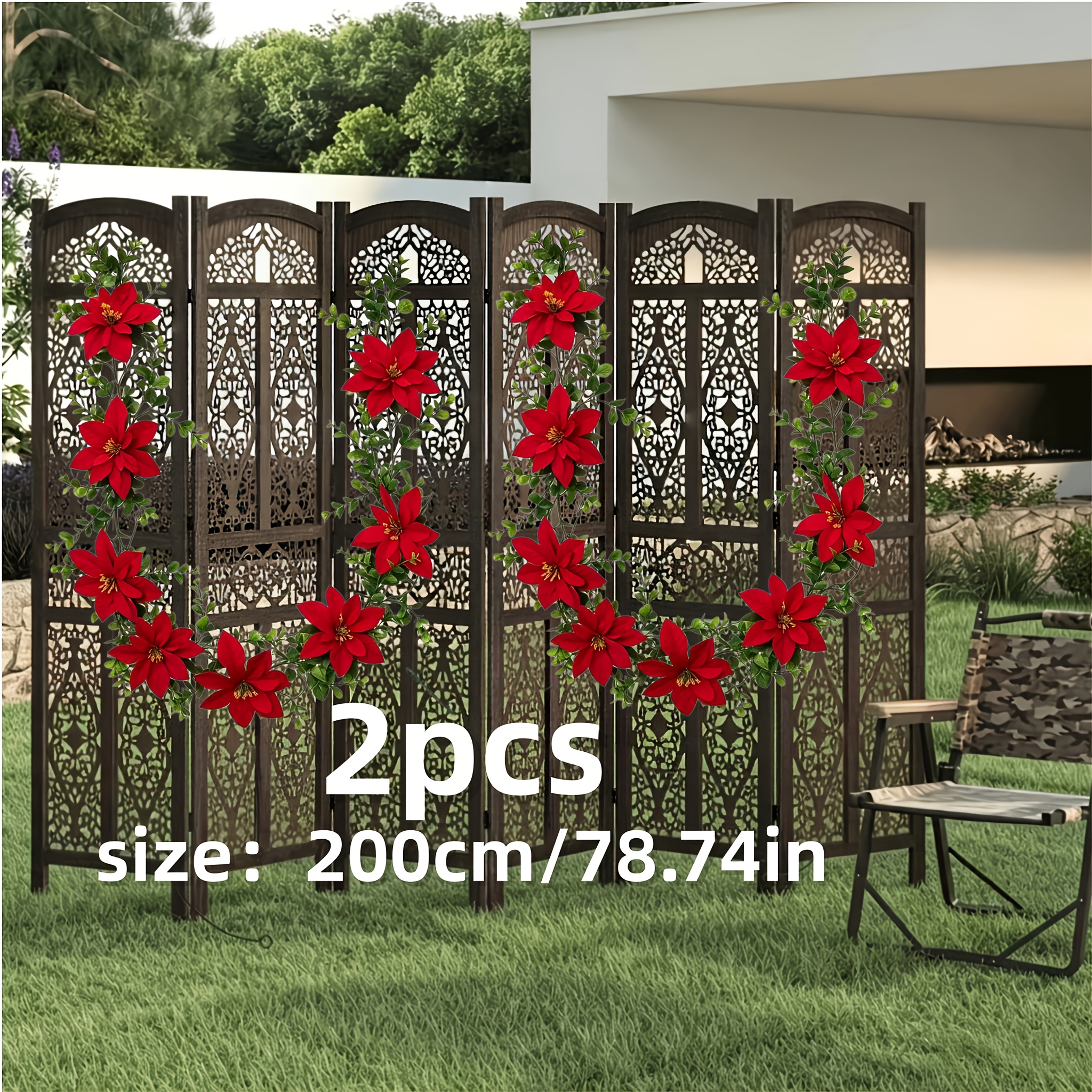TEMU 2pcs Set: 157.48-inch Extra-long Artificial Poinsettia Garland With 16 Large Red Poinsettia Flowers, Soft Vine For Christmas Fireplace,