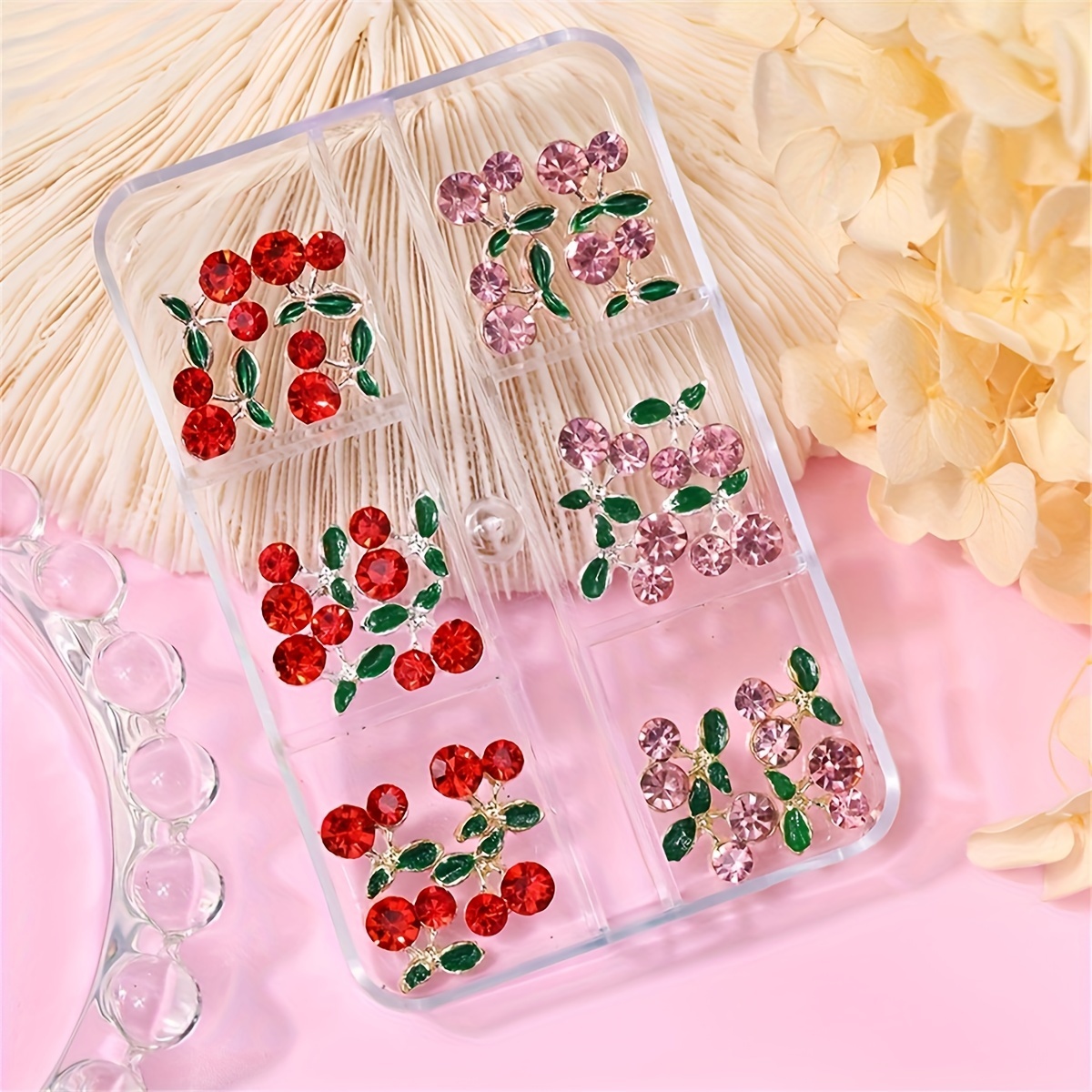 

24pcs Sparkling 3d Cherry Nail Charms With Rhinestones - Red & Pink Alloy Diy Nail Art Decorations, Odorless Nail Charms And Accessories Nail Art Charms