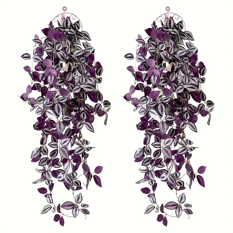 Image of 2pcs Artificial Hanging Flowers, 5-branch Purple Eyebrow Leaf Fake Green Plant Vine, Fake Ivy Plant, Artificial Vine For Wall Indoor Outdoor Garden Party Decoration, Wedding Decoration (no Basket)