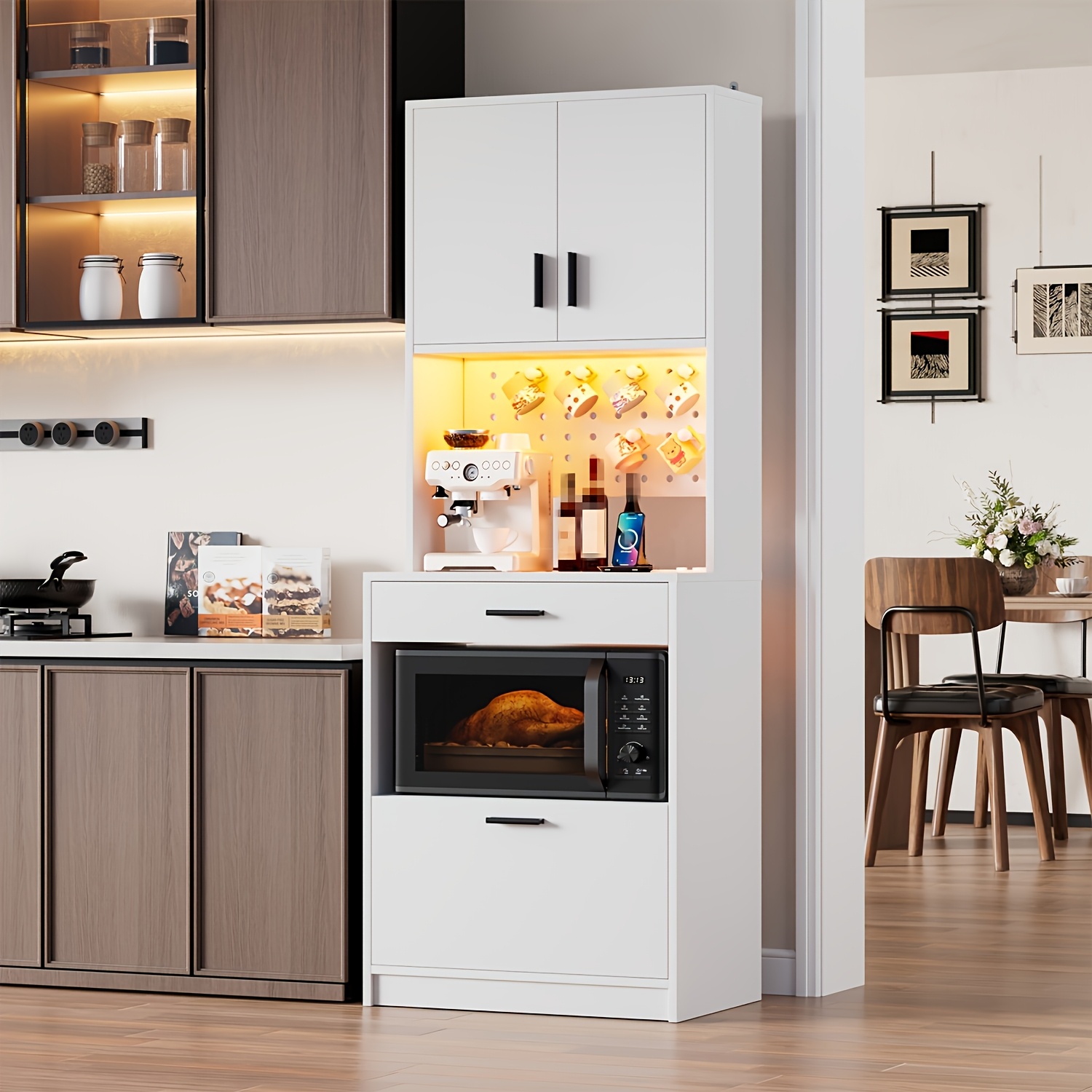 Image of Large Sideboard, Sideboard, With Drawers, 2 Cabinets And Adjustable Pegboard, Microwave Platform, Suitable For Living Room, Dining Room, Kitchen, , Dimensions: 60 X 40 X 170 Cm