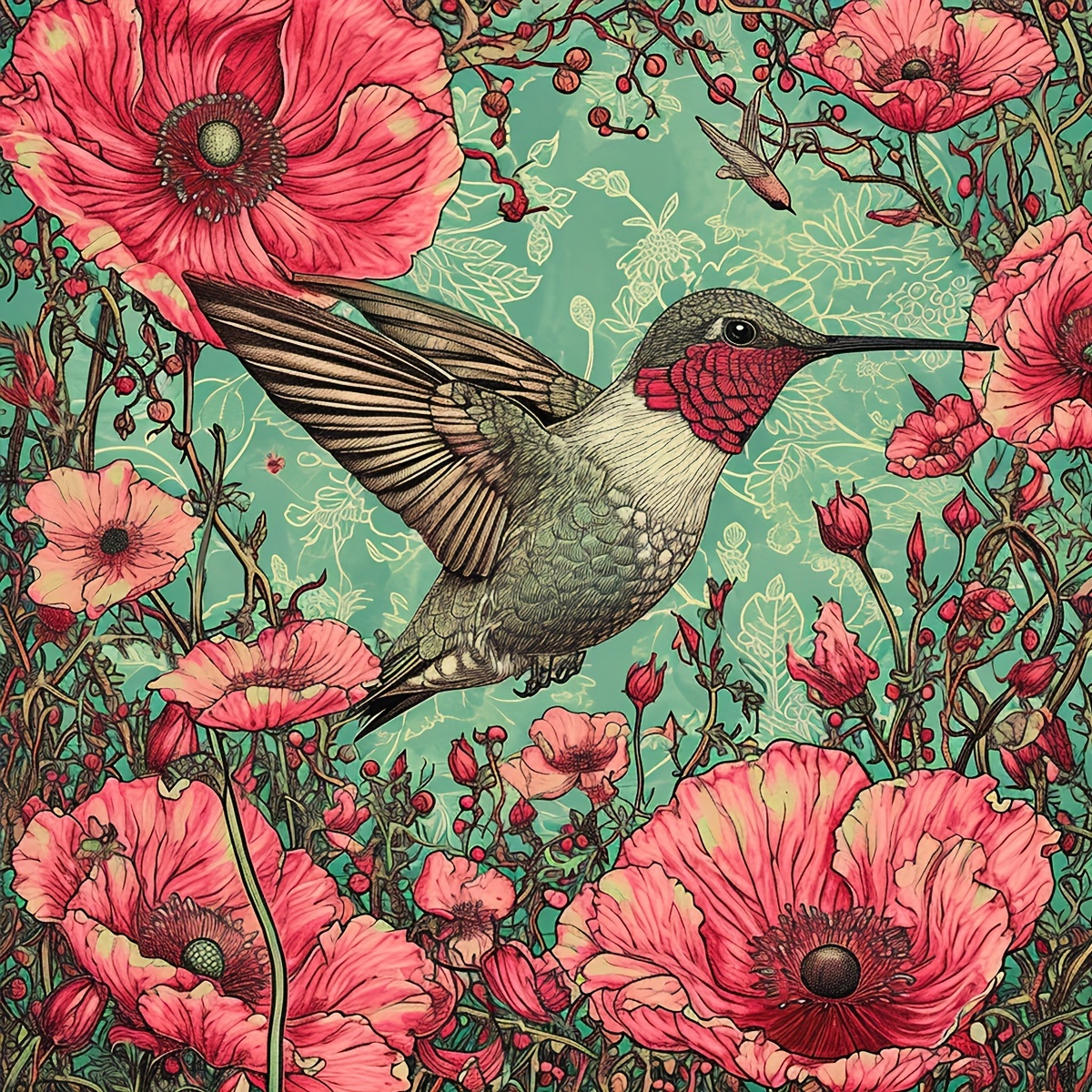 

Hummingbird In Flower Garden Stamped Cross Stitch Kit 40x40cm - Complete Embroidery Material Set With Printed Pattern, Fabric, Thread, Needle And Instructions For Living Room Bedroom Wall Decor