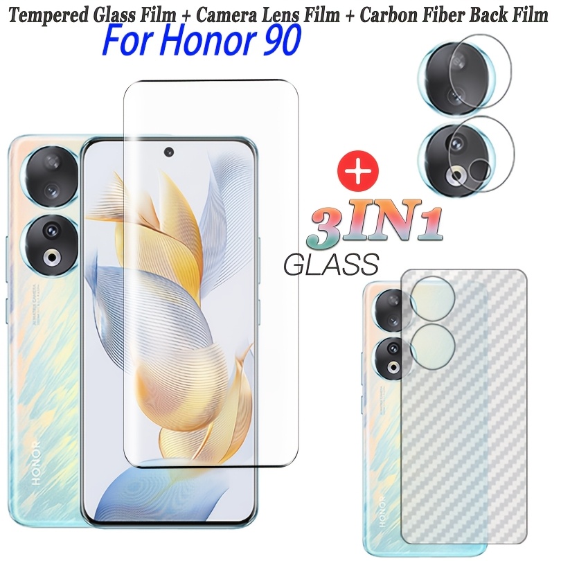 TEMU (3-in-1) Pellicola curva in vetro temperato per Honor 90, protezione e fotocamera, pellicola posteriore in fibra di carbonio