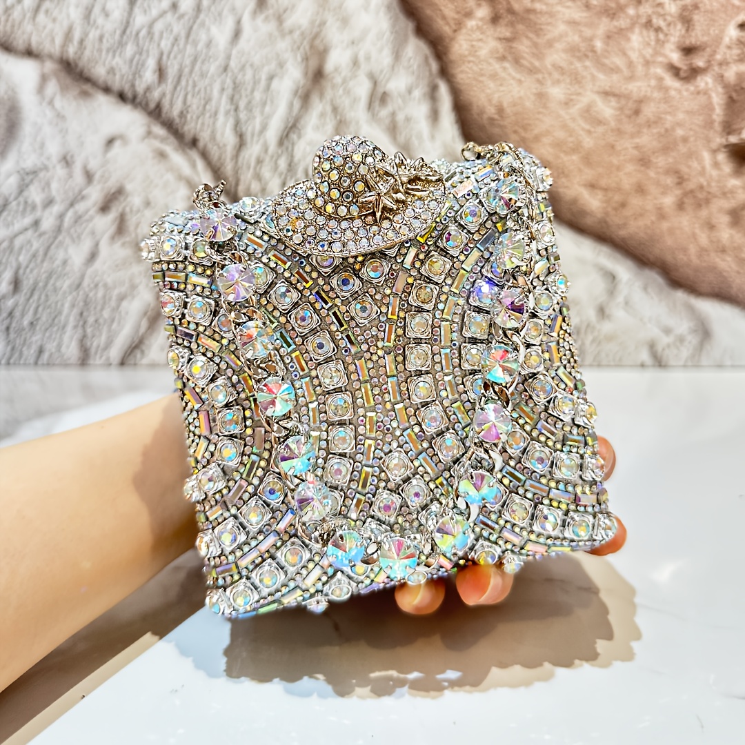 TEMU 1pc Luxury Rhinestone Bling Women Handbag, Mini Size Women Crystal Box Clutch Bag, Elegant Evening Crossbody Bag With Diamond Chain, Hat Pattern