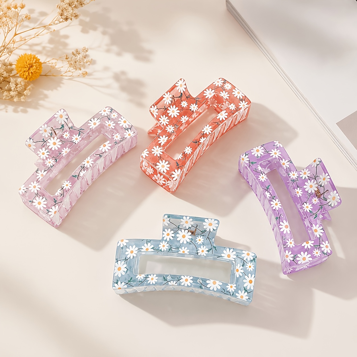 TEMU Lot de 4 pinces à cheveux pour femme à imprimé marguerite - Pinces à mâchoire transparentes antidérapantes, adaptées aux cheveux épais et fins,